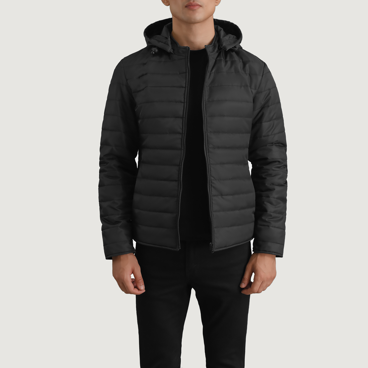 Mens Tyler Black Hooded Puffer Jacket Open Front-4-1698700805400